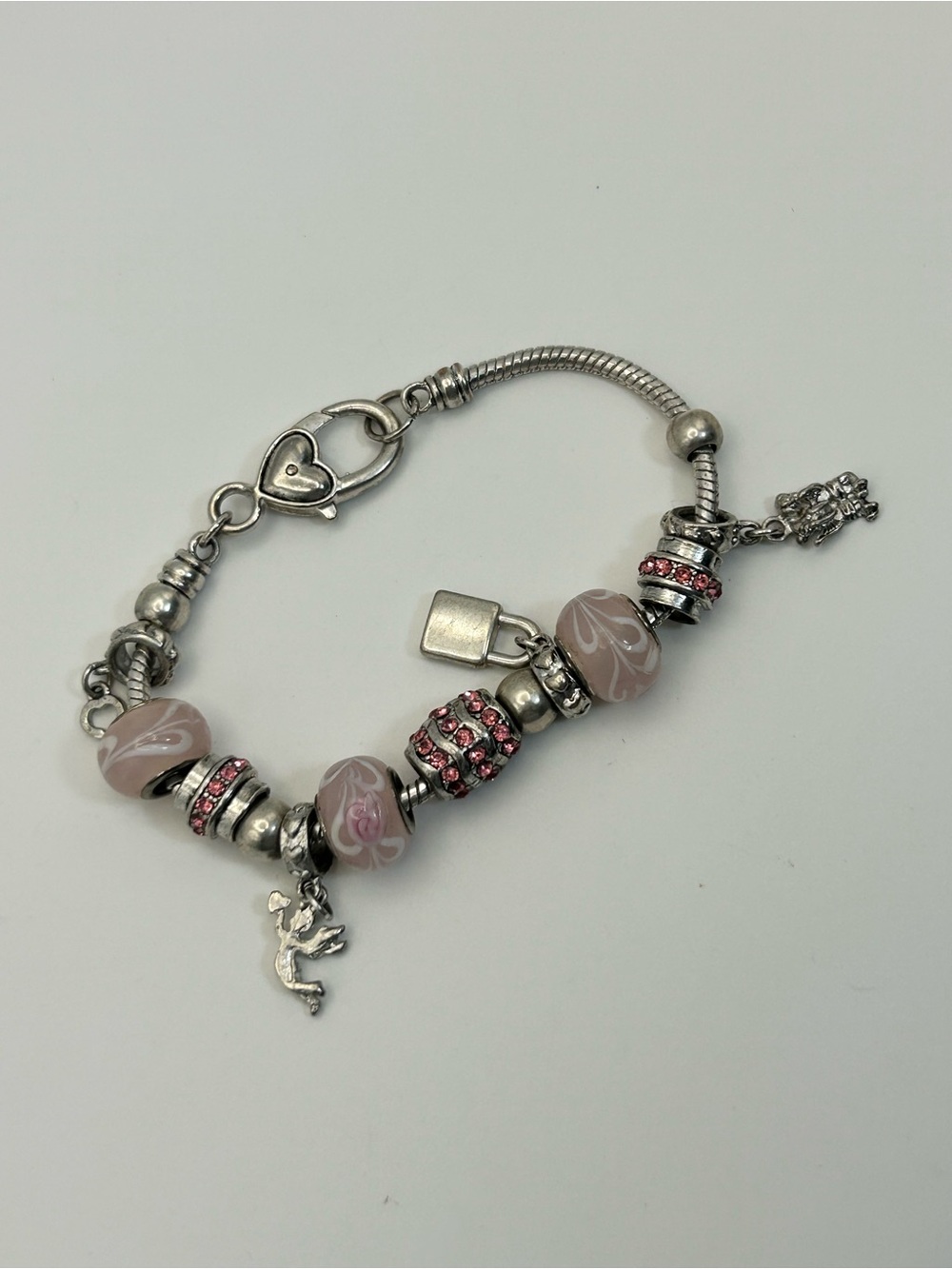 Pink Crystals Charm Bracelet 8" Silver-tone Snake Chain Cupid Lock & Key